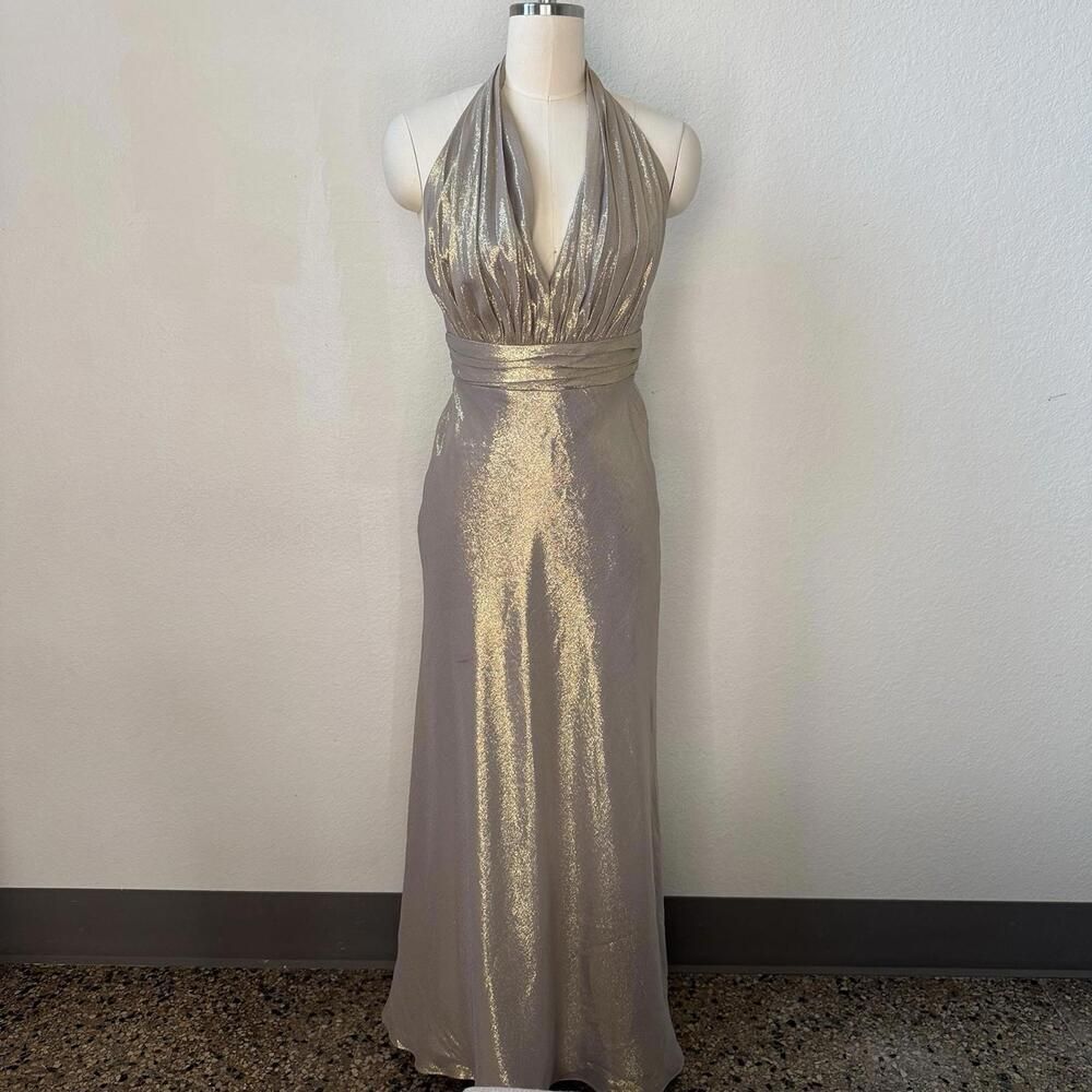David Meister Gown Sz 4 Or Small 100% Silk Dress Gold Metallic Evening  Wedding